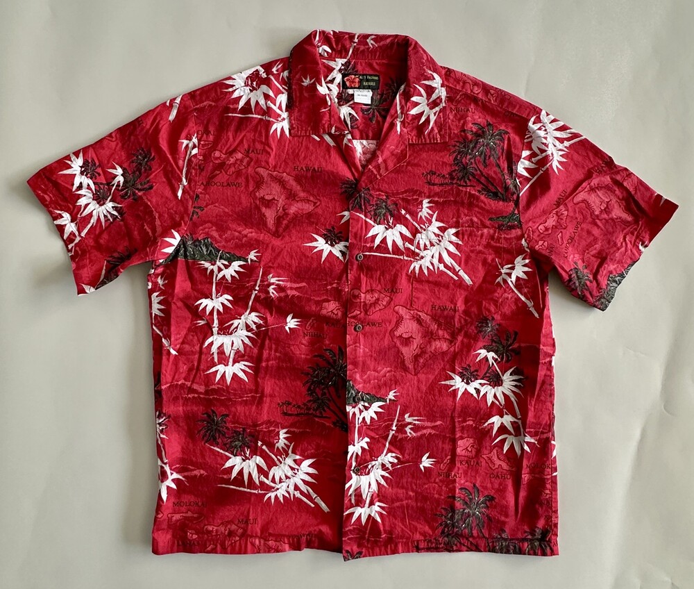 Vintage Ali'i Hawaii Shirt Mens XL Bamboo Palm Tree Aloha Red Hawaiian Shirt